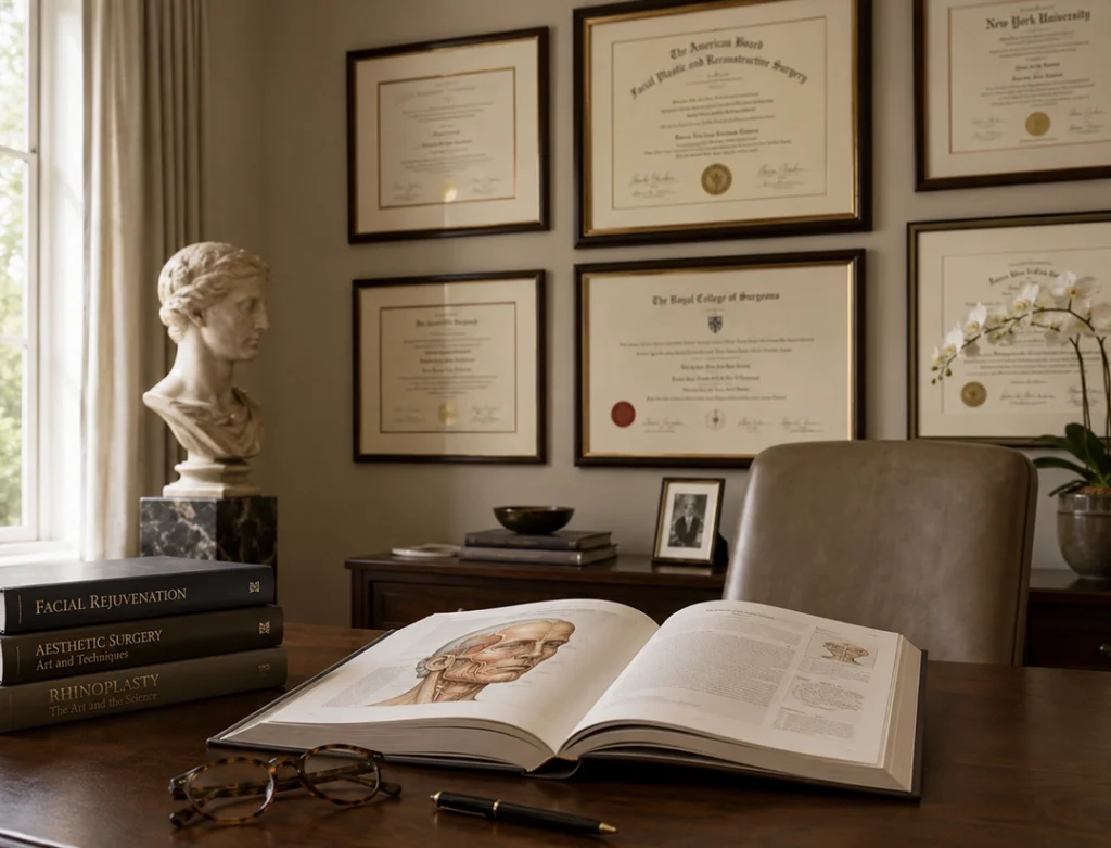Elegant medical office with framed surgical credentials, an open facial anatomy book and a classical sculpture